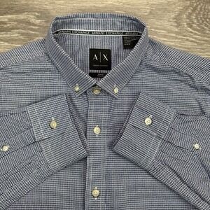 Armani Exchange Shirt Mens Blue White Gingham Check Geometric Button Down Casual